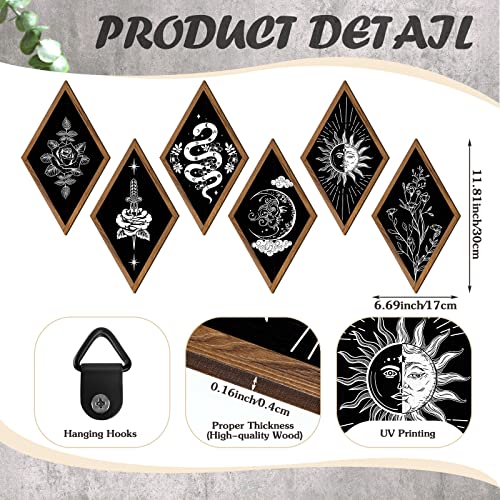 Sintuff 6 Pieces Boho Wall Decor Sun Moon Phases Wall Art Gothic Minimalist Stars Sun Wall Hanging Boho Wooden Home Decor Farmhouse Wall Pediments for Gallery Living Bedroom Room (Rhombus)