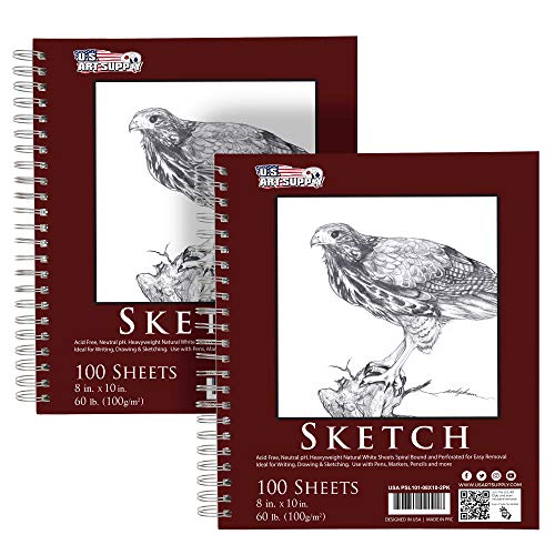 U.S. Art Supply 8" x 10" Sketch Book Pad, Pack of 2, 100 Sheets Each, 60lb (100gsm) - Spiral Bound Artist Sketching Drawing Paper Pad, Acid-Free - Graphite Colored Pencils, Charcoal - Adults, Students