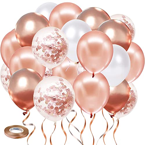Rose Gold Confetti Balloons, 50 Pack Rose Gold White Balloons and Rose Gold Metallic Balloons for Birthday Wedding Engagement Bachelor Bridal Shower Party Decorations…