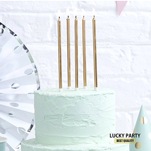 24 Count Birthday Party Long Thin Cake Candles Metallic Birthday Candles in Holders for Birthday Cakes Decorations, Champagne Gold by Lucky Party