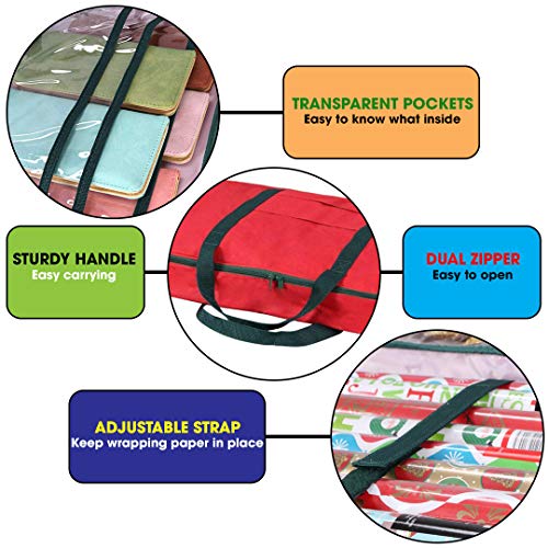 Primode Christmas Wrapping Paper Storage Bag with Pockets | Gift Wrap Organizer Container | 37” x 14” x 4” | Underbed Durable Box Made of 600D Oxford Material (Red)