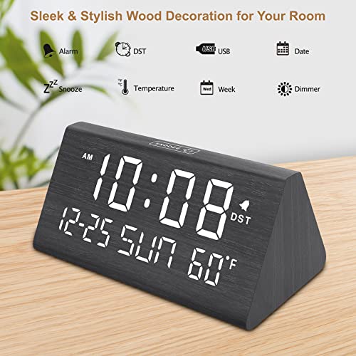 DreamSky Digital Alarm Clocks for Bedrooms - Wooden Electric Clock with USB Ports, Date, Weekday, Temperature, 0-100% Brightness Dimmer, Adjustable Alarm Volume, Snooze, Auto DST
