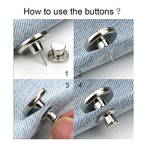 Button pins for Jeans, No Sew and No Tools Instant Jean Button Pins for Pants,4 Sets Replacement Buttons, Simple Installation, Reusable and Adjustable