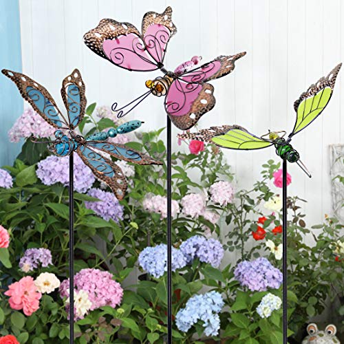 Juegoal 34 Inch Butterfly Garden Stakes Decor, Dragonfly Hummingbird Stakes, Glow in Dark Metal Yard Art for Mom, Mothers Day Ideal Gifts, Indoor Outdoor Lawn Pathway Patio Ornaments, Set of 3