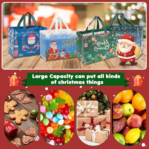 Christmas Gift Bags,12 PCS Large Reusable Christmas Tote Bags with Handles, Christmas Treat Bags, Multifunctional Non-Woven Christmas Bags for Gifts Wrapping, Shopping, Xmas, Party Favor Bags, 12.8" x 9.8" x 6.7"