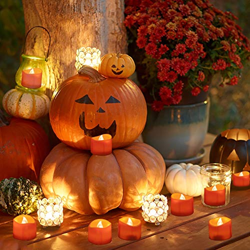 Homemory Halloween 24 Pack Orange Tea Light Candles, Battery Operated LED Tealights, Small Pumpkins Lights, Flameless, Electric Fake Tea Candles