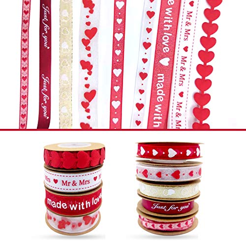 changsha 9 Rolls Hearts Ribbon Set - Valentine's Day Mother's Day Satin Ribbon, Printed Heart Ribbons for Gift Wrapping, Wedding Birthday Party Decorations, Crafts DIY Supplies (Valentine)