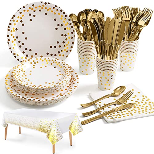 Nkaiso 141 Pieces White Gold Party Supplies, Party Dinnerware Sets Include Paper Plates Napkins Cups Silverware, for Wedding Bridal Shower Engagement Birthday Parties Decoration -20 Serves