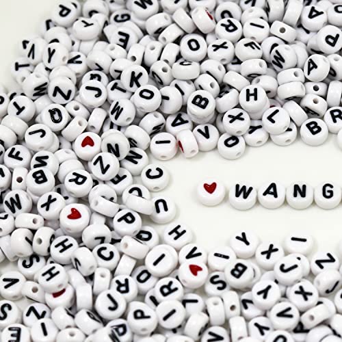 WangLaap 1450Pcs Letter Beads, Acrylic 4x7mm Round Letter Beads Kits, Alphabet Beads A-Z and Red Heart Black Star Beads for Bracelets Necklaces DIY Jewelry Making (White)