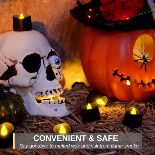 Homemory 24-Pack Black Tea Lights Candles Battery Operated, Halloween Candle Tea Lights, Flameless Flickering Black Candles, Ideal for Holiday Decor, Theme Party, Dia 1-2/5" x H 1-1/4''