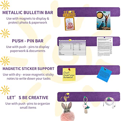 Vuzvuv 8Pcs Purple Rose Cork Board Bar Strips with 50 Pushpins & Sticky Notes, Self-Adhesive Bulletin Board Strips No Damage for Wall, Felt Pin Board for Paste Notes, Photos, Schedules Office Decor