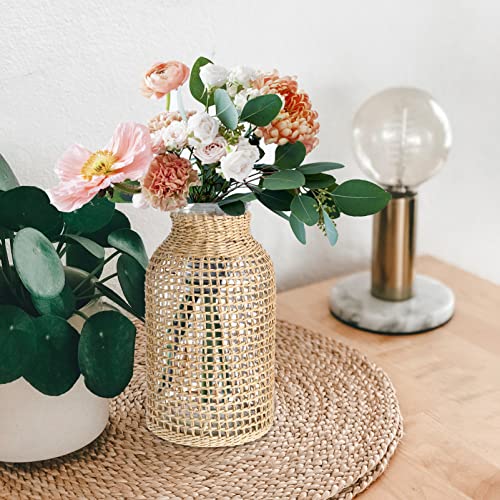 DOITOOL Boho Glass Flower Vase with Rattan Cover, Farmhouse Flower Bud Vase, Round Decorative Flower Vase Floral Container Flower Bottle for Floral Arrangements Housewarming Party Home Decor (L)
