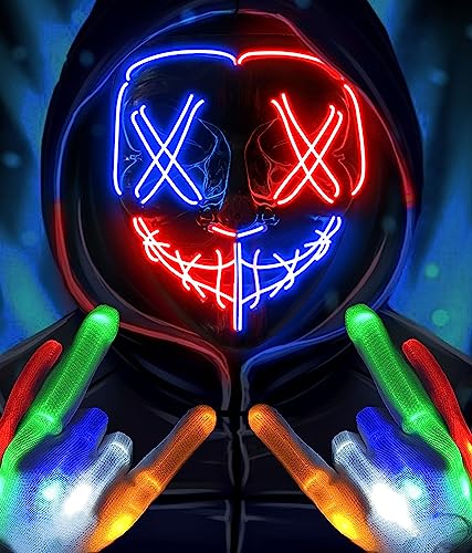 Halloween Mask Skeleton Gloves Set, Halloween Costumes Gifts for Men Women Boys Girls, 3 Modes Light Up Scary LED Mask with LED Glow Gloves, Halloween Decorations Scary Scream Anonymous Mask