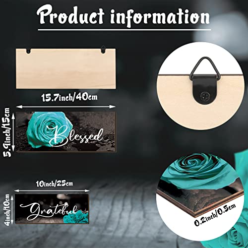 Hillban 3 Pieces Rose Wooden Wall Decor Thankful Grateful Blessed Wooden Signs Inspirational Wall Art Signs Wedding Wall Decor for Room Kitchen Bathroom (Teal,16 x 6 Inch)