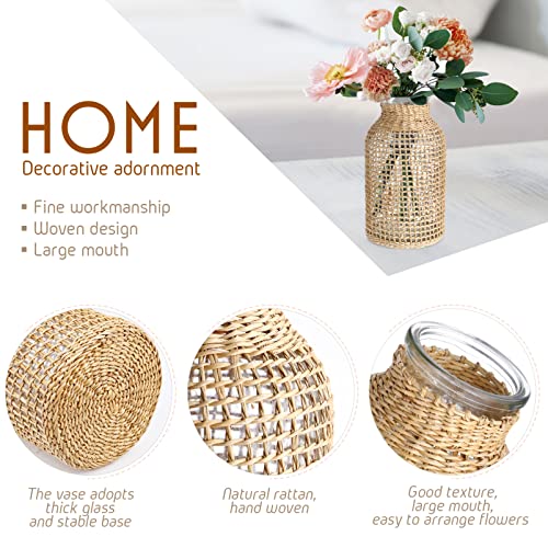 DOITOOL Boho Glass Flower Vase with Rattan Cover, Farmhouse Flower Bud Vase, Round Decorative Flower Vase Floral Container Flower Bottle for Floral Arrangements Housewarming Party Home Decor (L)