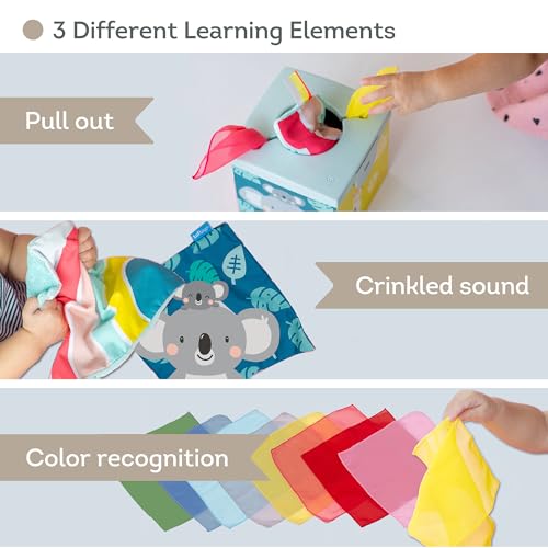 Taf Toys Sensory Crinkle Tissue Box for Toddlers. STEM Montessori Toy with Colorful Soft Scarves and Crinkling Blankies
