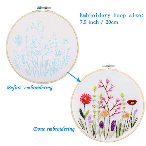 3 Pack Embroidery Starter Kit with Pattern, Kissbuty Full Range of Stamped Embroidery Kit Including Embroidery Fabric with Pattern, Bamboo Embroidery Hoops, Color Threads and Tools Kit (Floral Plants)