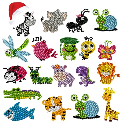 sinceroduct 5D Diamond Painting Stickers Kits for Kids Arts and Crafts, Cartoon Stickers Stick Paint with Diamonds by Numbers, 18Pcs Cute Insect, Animals, Easy to DIY