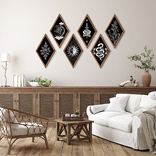 Sintuff 6 Pieces Boho Wall Decor Sun Moon Phases Wall Art Gothic Minimalist Stars Sun Wall Hanging Boho Wooden Home Decor Farmhouse Wall Pediments for Gallery Living Bedroom Room (Rhombus)