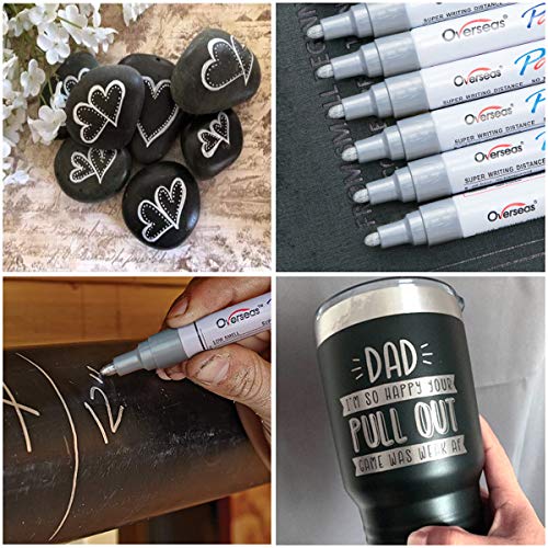 Silver Paint Markers Pens - Single color 6 Pack Permanent Oil Based Metallic Paint Pen, Medium Tip, Quick Dry and Waterproof Marker for Rock, Wood, Fabric, Plastic, Canvas, Glass, Mugs, Canvas