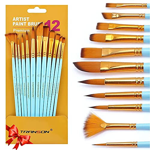 Transon Art Painting Brush Assorted Set of 12 for Acrylic Watercolor Gouache Hobby Painting
