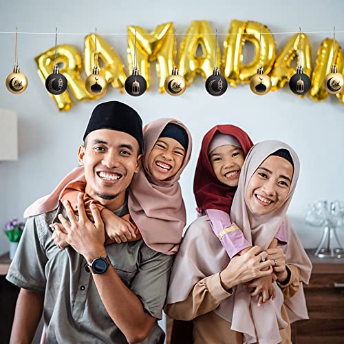24 PCS Ramadan Ornament Ball, 1.57" Black Gold Eid Mubarak Hanging Balls, Ramadan Mubarak Ornaments for Islamic Muslim Tree Party Decor
