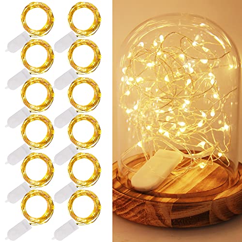 WATERGLIDE 12 Pack Fairy Lights Battery Operated (Included), 6.5ft 20 LED Mini String Lights, Waterproof Silver Wire Firefly Starry Lights for DIY Wedding Christmas Party Mason Jars Decor, Warm White