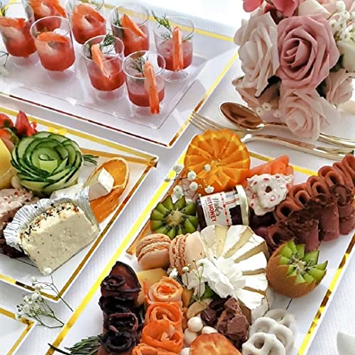Mint Living - Elegant Plastic Serving Tray & Platter Set (6pk) - White & Gold Rim Disposable Serving Trays & Platters for Food - Weddings, Upscale Parties, Dessert Table, Cupcakes - 8 x 12.85 inches