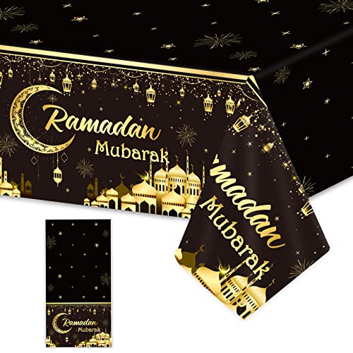 3pcs Ramadan Mubarak Tablecloths Eid Mubarak Party Table Decorations Ramadan Kareem Party Decorations Supplies Black and Golden Rectangle Table Cover for Eid Al-fitr Dinning Room Party Favors