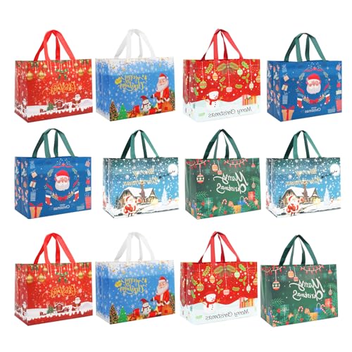 Christmas Gift Bags,12 PCS Large Reusable Christmas Tote Bags with Handles, Christmas Treat Bags, Multifunctional Non-Woven Christmas Bags for Gifts Wrapping, Shopping, Xmas, Party Favor Bags, 12.8" x 9.8" x 6.7"