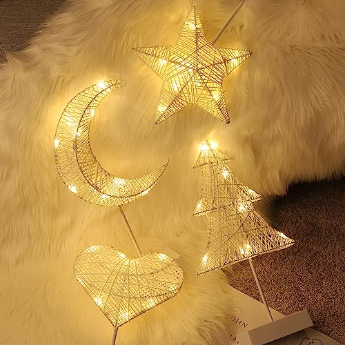 Lewondr Decorative Table Lamp, Battery Powered Christmas Moon Shape Ramadan Desk Lamp, Winding Thread Warm LED Crescent Light Xmas Home Bedroom Romantic Bedside Desktop Nightstand Decoration - White