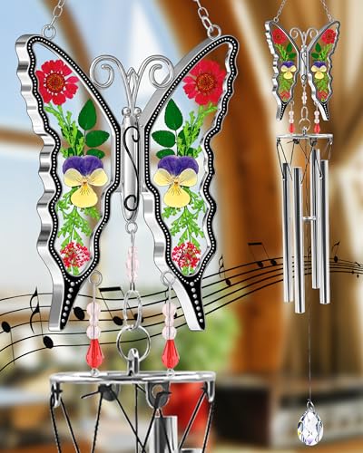 KY&BOSAM Wind Chimes Butterfly Wind Chimes for Outside Real Flower Outdoor Windchimes Gifts for mom Grandma Birthday Nana Gifts Garden Balcony Home Décor Wind Chimes with S Hook Memorial Wind Chimes