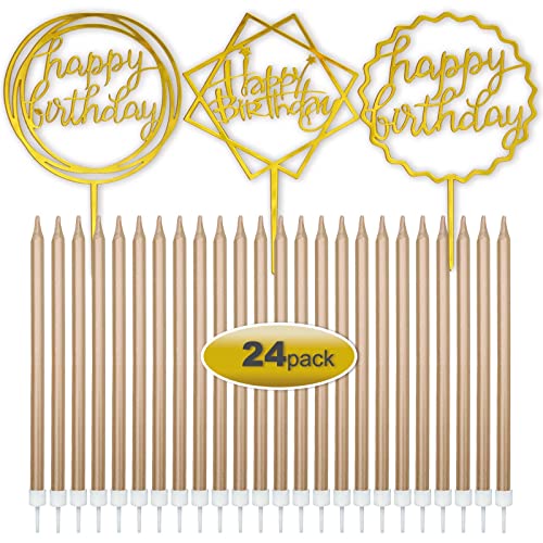 Comluge 24Pcs Rose Gold Extra Tall Long Thin Happy Birthday Candles for Cake 3Pcs Glitter Shiny Happy Birthday Cake Toppers Metallic Looking Cupcake Candles Topper (Small, Rose Gold)