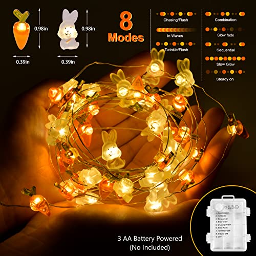 Easter Decorations 13FT 50LEDs Bunny Carrot String Lights Battery Operated, Easter Decor Spring Rabbit Fairy Lights with 8 Modes for Home Indoor Outdoor Easter Basket Eggs Party Seasonal Bedroom Decor