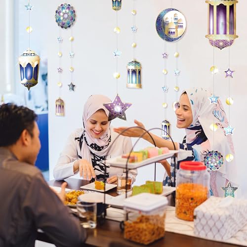 Decor365 Purple Blue Gold Ramadan Mubarak Garland Kit Lantern Crescent Moon Star EID Party Decoration Hanging EID Banner Streamer Decorations Islamic Birthday Bday Wedding Party Supplies