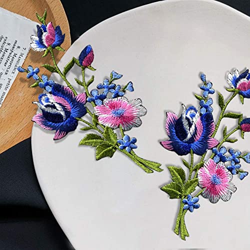 ReNext Pink blue roses pair flowers floral bouquet boho embroidered appliques iron-ons patches new