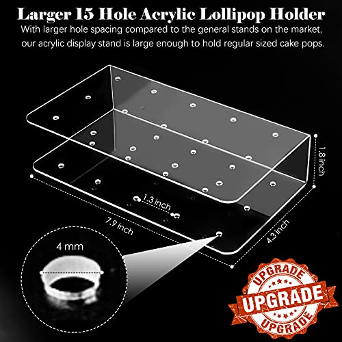 Zezzxu 2Pack Upgraded Acrylic Cake Pop Display Stand 15 Hole Clear Acrylic Lollipop Holder with 50Pcs Lollipop Sticks, 50Pcs Packaging Bags and 50Pcs Gold Metallic Twist Ties