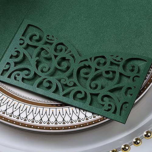 PONATIA 5.12 x 7.2 Emerald Green Invitation Cards, Trifold laser cut invitations Wedding Invitation Cards Pockets with Envelopes for Wedding Bridal Shower Engagement Birthday Sweet 16 (20PCS No Inner Sheet)