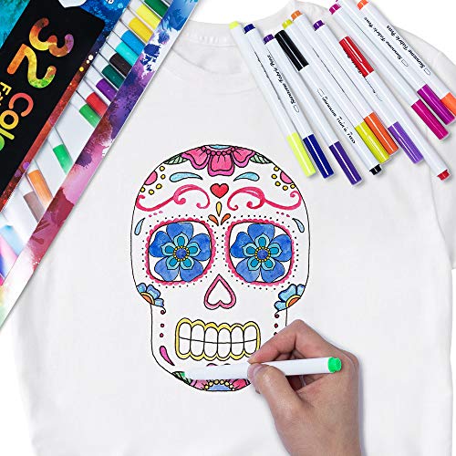 sunacme Fabric Markers Pen, 32 Colors Permanent Fabric Paint Pens Art Markers Set - Fine Tip, Child Safe & Non- Toxic for Canvas, Bags, T-Shirts, Sneakers