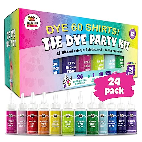 Tie Dye Party Kit for Kids & Adults - 24 Large Tye Dye Bottles with 12 Colors & Tie Dye Powder, Soda Ash, Gloves - Tie Dye Kit for Large Groups - Non-Toxic Tyedyedye Kit - Dye for Clothes