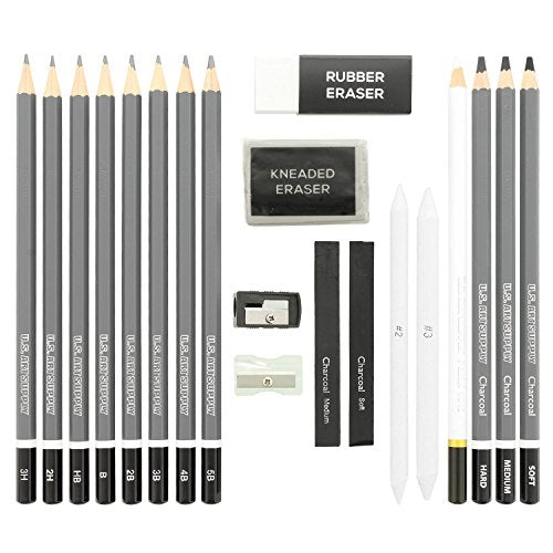 U.S. Art Supply 20 Piece Professional Hi-Quality Artist Sketch Set in Hard Storage Case - Sketch & Charcoal Pencils, Pastel, Stumps, Eraser, Sharpeners