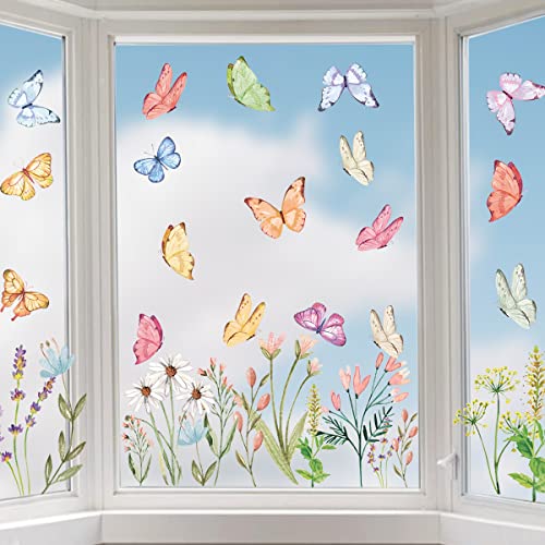 Horaldaily 50 PCS Spring Summer Window Cling Sticker, Watercolor Wild Flowers Butterfly Floral for Home Party Supplies Shop Window Glass Display Decoration