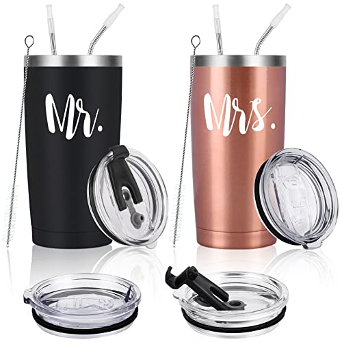 CozyHome Mr and Mrs Tumbler Set of 2, Gifts for Newlyweds Couples Wife Bride To Be Newly Engaged Bridal Shower Wedding Engagement, 20 oz Stainless Steel Insulated Travel with Lids, Black & Rose Gold
