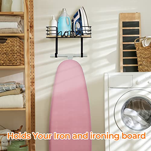 TJ.MOREE Ironing Board Hanger Wall Mount with Large Storage Wooden Base Basket and Removable Hooks (Black) For Laundry Room