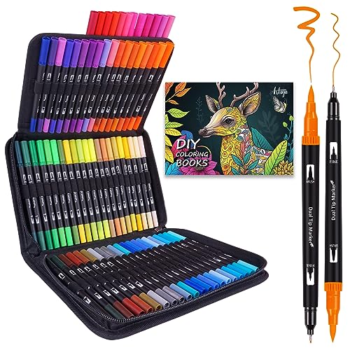 Dual Brush Marker Pens, 72 Colors Art Markers Set with Fine Tip and Brush Tip for Kids Adult Coloring Book Bullet Journaling Note Taking Planner Hand Lettering Calligraphy Drawing Art Supplies Kit