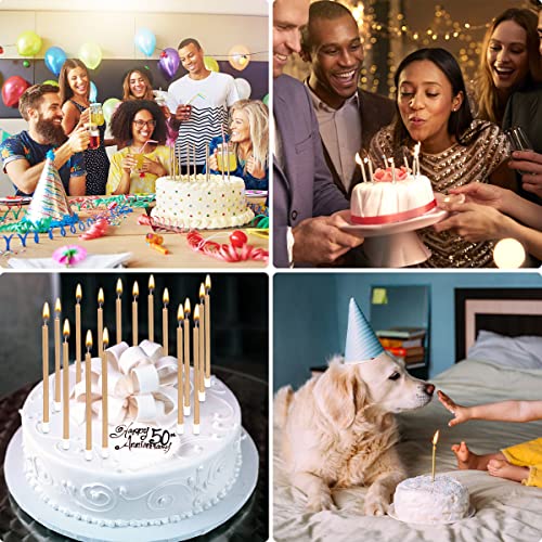 24 Count Party Long Thin Cake Candles Metallic Birthday Candles in Holders for Birthday Cakes Cupcake, Champagne Gold