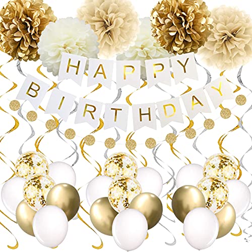 Gold Birthday Party Decorations,Happy Birthday Banner, 16th 18th 21th 30th 40th 50th 60th 70th Gold White Birthday Decorations Supplies Balloons