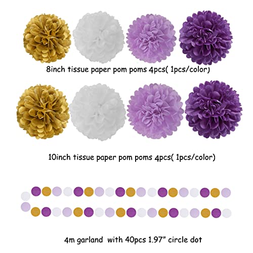 Purple Gold Valentines-Day Graduation Decorations - 30pcs Kits Lavender White Paper Flowers,Banner Flags,Tassel Streamer Garland Engagement Girl Baby Bridal Shower Party Decoration Lasting Surprise
