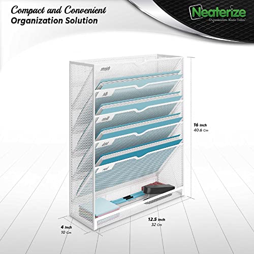 NEATERIZE Item Container, Mail Organizer for Wall, Mesh Hanging File Organizer, For Papers, Folders, Files Clipboard & Magazine Organization - Home, Office Classroom Or Doctor, Metal, White