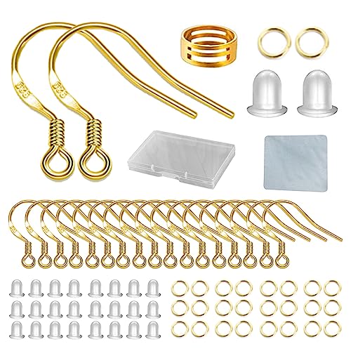 Gold Earring Hooks 80 PCS/40 Pairs, Ear Wires Fish Hooks, 240pcs Hypo-allergenic Jewelry Findings Parts with Jump Rings and Clear Silicone Earring Backs Stoppers for DIY Jewelry Making (14K Gold)